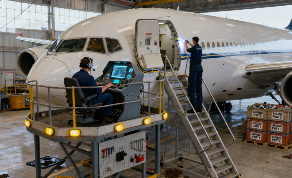 客机维修服务，工程师正在检查飞机发动机