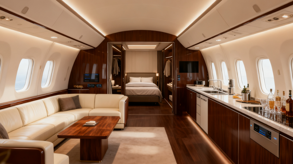 VIP客机内部定制改装案例，展示豪华客舱内饰