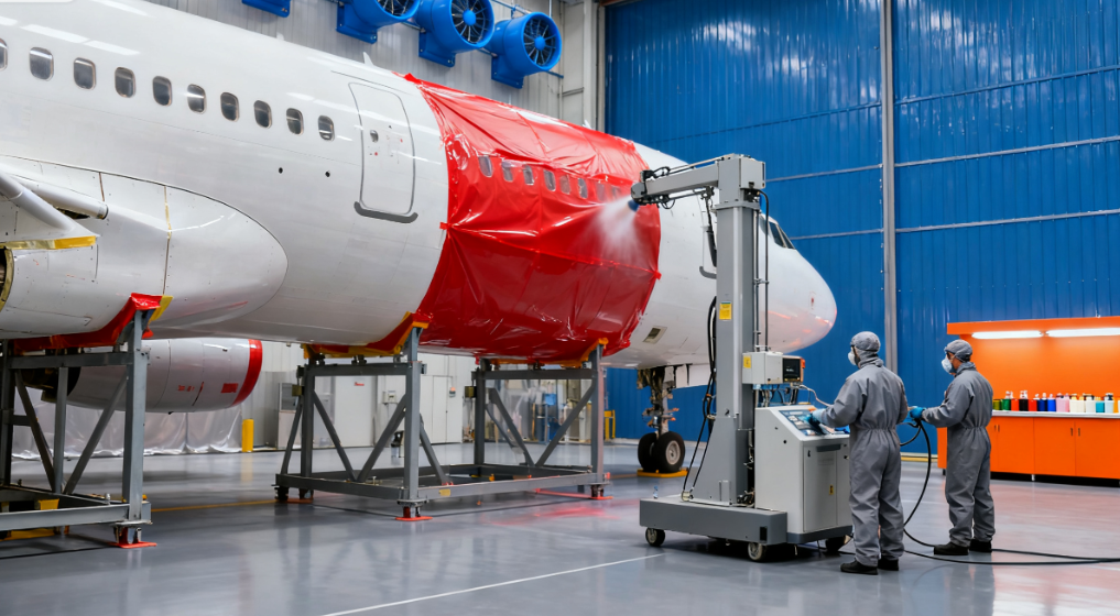 客机喷漆服务，正在进行机身喷漆作业